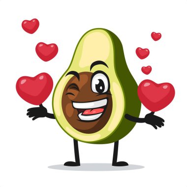 Avokado maskotu veya karakterinin vektör çizimi aşk sembolleri getirir