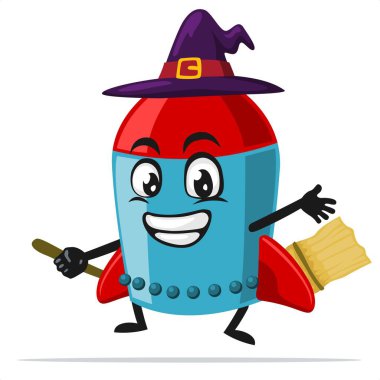 Cadı kostümü giyen ve uçan süpürgeye binen roket karakterinin veya maskotun vektör çizimi