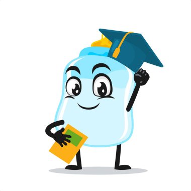 Emzik maskotu veya karakter mezuniyet şapkası ve kitap tutmanın vektör çizimi