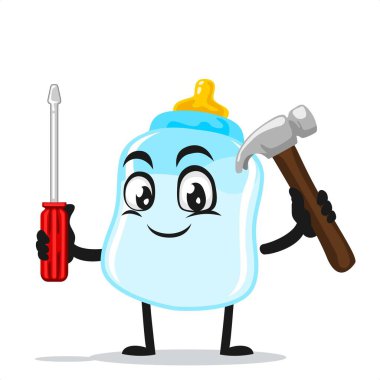 Emzik maskotu ya da çekiç ve tornavida tutan karakterin vektör çizimi