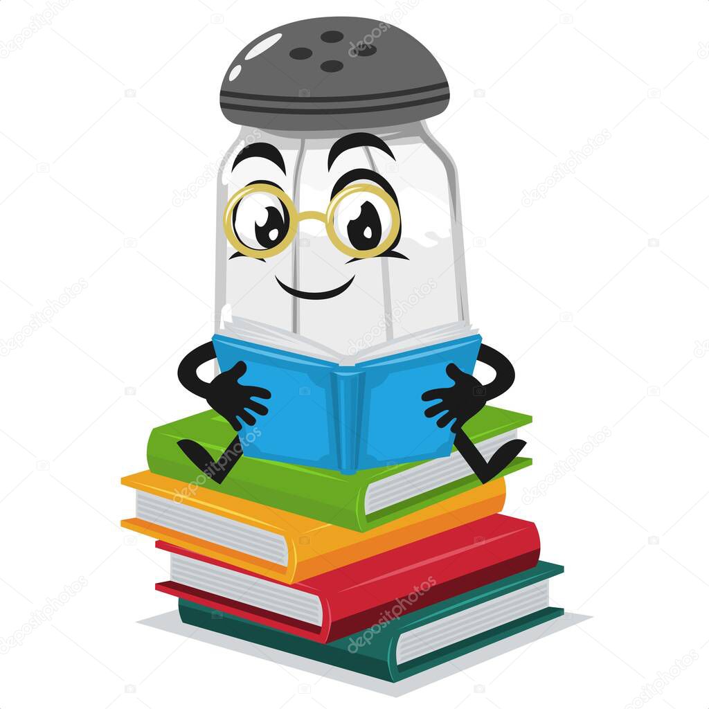 vector illustration of salt shaker mascot or character reading book