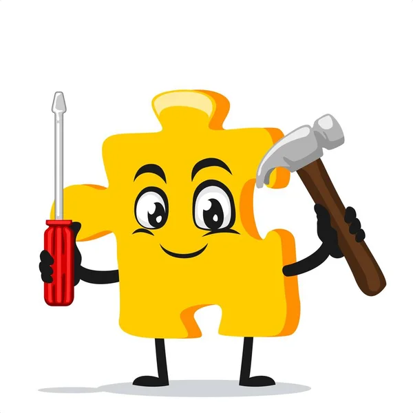 Vector Illustration Puzzle Mascot Character Holding Hammer Screwdriver — Stock Vector