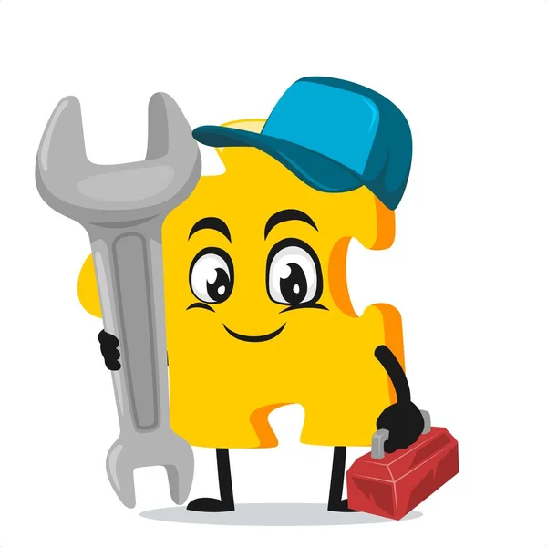 Vector Illustration Puzzle Mascot Character Wearing Service Costume Holding Wrench — Stock Vector