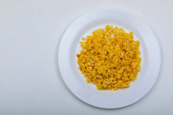 Concepto Desayuno Dieta Saludable Huevos Revueltos Sobre Fondo Piedra Blanca — Foto de Stock