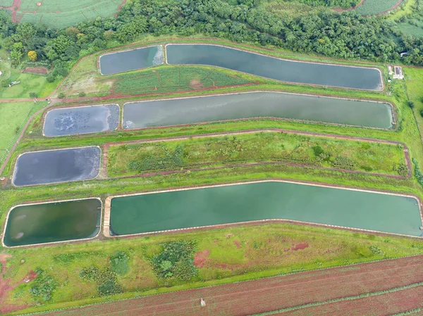 Aerial view to sewage treatment plant. Grey water recycling. Waste management theme. Ecology and environment in Brazil