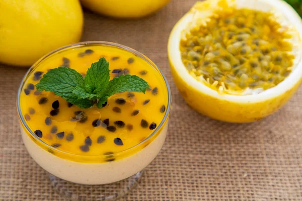 Passion fruit mousse served in bowl.