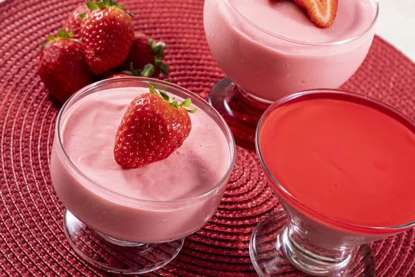 Tasty Strawberry Mousse Glass Gelatin Top — Stock Photo, Image