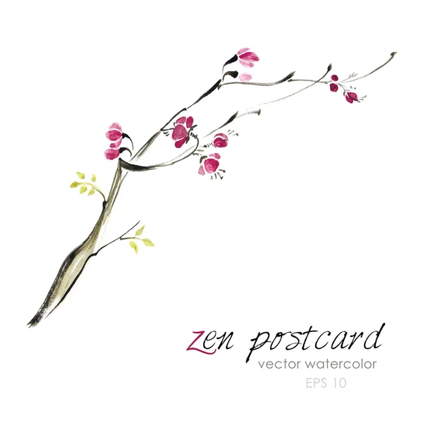 Pittura cinese - zen-like naturale vettoriale fatto a mano acquerello sakura illustrazione — Vettoriale Stock