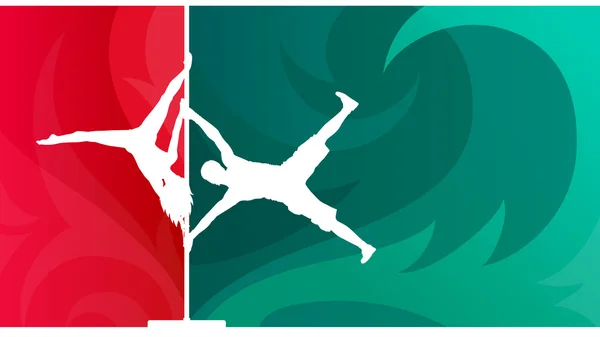 Pole dans düet. Erkek ve kadın arka plan kutubun akrobatik hareketler performans beyaz vector silhouettes.