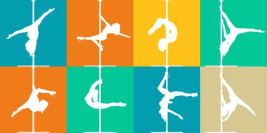 Düz stil kutup dans ve pole fitness simgeler. Vector silhouettes dişi kutup dansçılar.