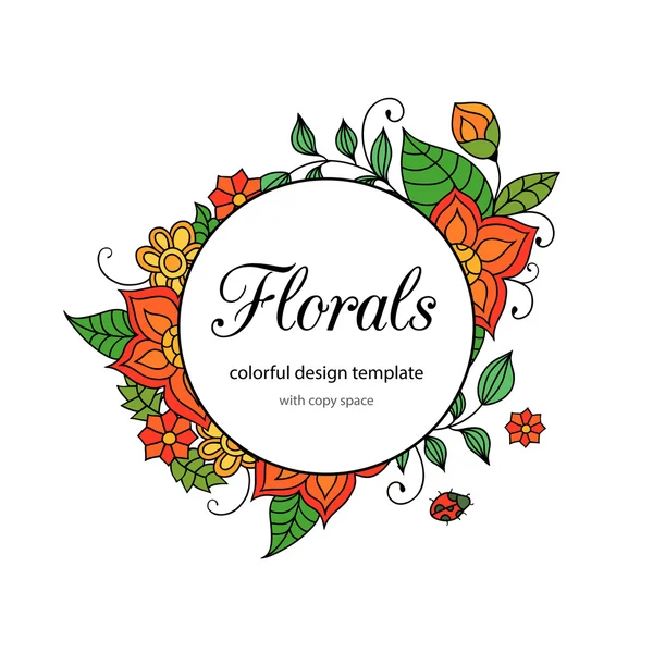 Plantilla de marco de garabato floral de estilo zentangle colorido con área de espacio de copia. Flores y hojas vívidas postal vintage o invitación . — Vector de stock