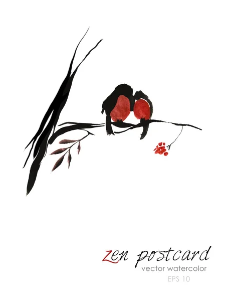 Kínai festészet - akvarell zen-szerű természetes kézzel készített vektor-illusztráció. Két piros téli madár ül a berkenye fa ága — Stock Vector