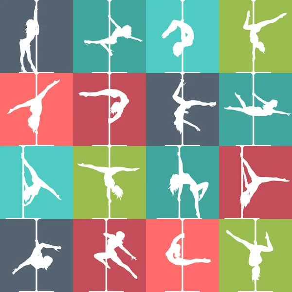 Düz stil kutup dans ve pole fitness simgeler. Vector silhouettes dişi kutup dansçılar.