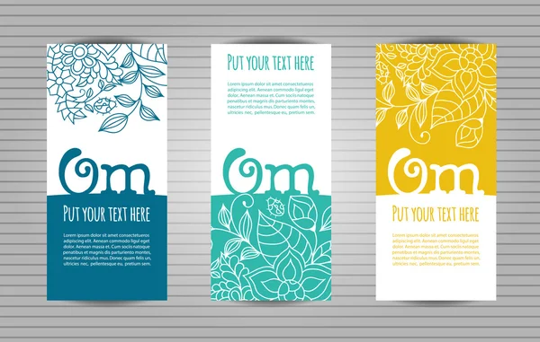 Om mantra lettering with floral pattern. Yoga and meditation studio long flyer or trifold templates set . — Stock Vector