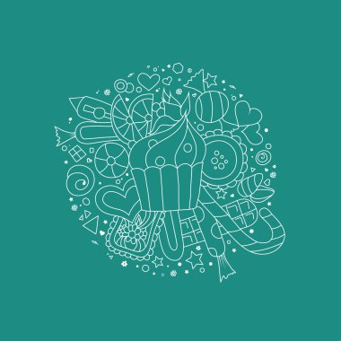 Çizilmiş doodle stil anahat kek, kurabiye, tatlı ve çikolata el.
