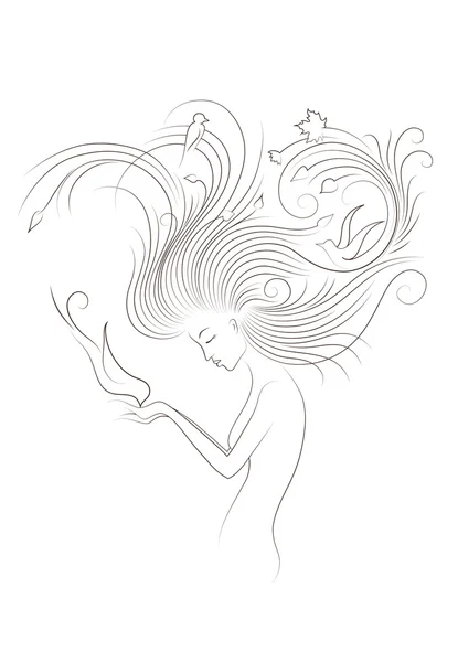 sonbahar stil fantezi anahat kroki elinden, kuş besleme uzun kırmızı kıvırcık saçlı genç kadının çevrili kuş ve akçaağaç yaprakları.