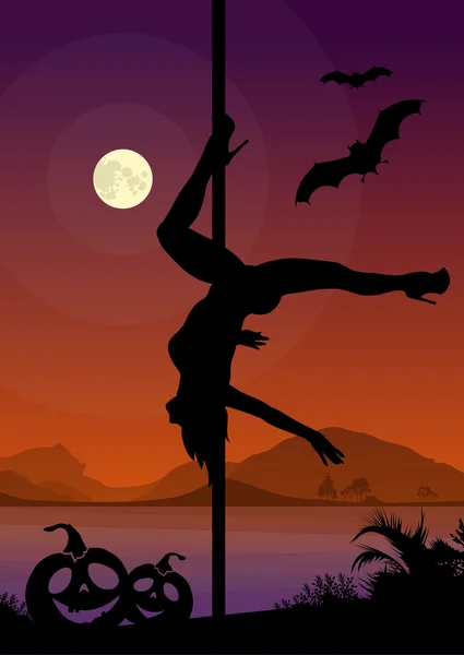 Черный векторный силуэт танцовщицы с шестом, выполняющей движения перед рекой и полнолунием в ночь на Хэллоуин — стоковый вектор