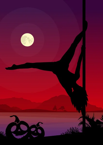 Silhouette vectorielle noire de danseuse de pole se déplace devant la rivière et la pleine lune à la nuit d'Halloween — Image vectorielle