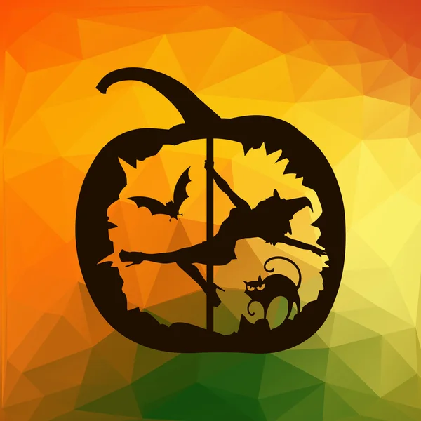 Sonbahar soyut geometrik üçgenler arka plan üzerinde Halloween kabak oyulmuş kadın kutup dansçısiyah vektör silueti.