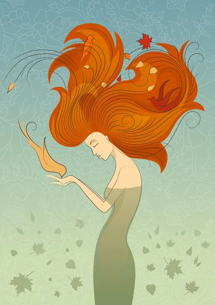 Autumn Style Fantasy Outline Sketch of Young Woman with Long Red Curly Hair Feeding the Bird from Hands, Surrounded by Birds and Maple Leaves. — Stock Vector