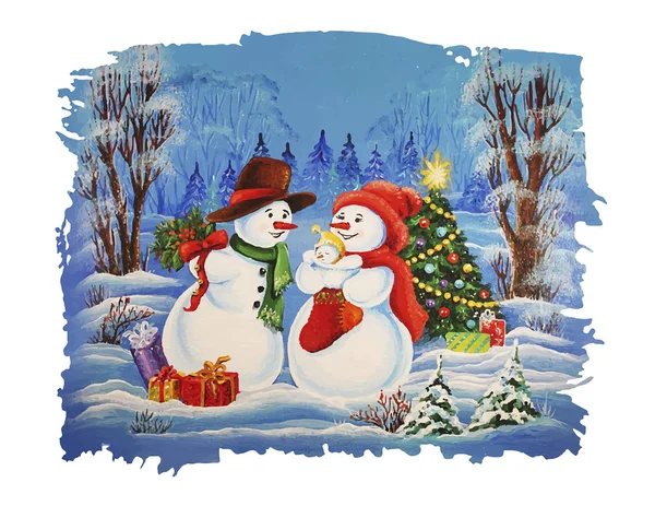 Tarjeta de Navidad de la familia Snowman — Archivo Imágenes Vectoriales