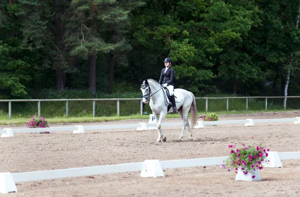 ショーの競争でアリーナに乗馬の制服を着た若い女性乗馬 鮮やかな多色屋外水平画像 ロイヤリティフリーのストック写真