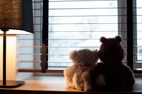 Couple Embracing Loving Teddy Bears Toys Looking Winter View Sitting — Stock Photo, Image