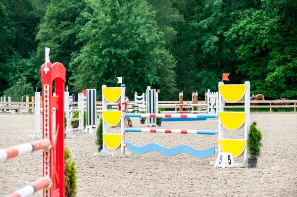 Image Show Jumping Poles Empty Training Field Wooden Barriers Horses — Stock Photo, Image