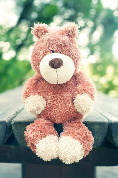 Lonely sad forgotten teddy bear toy. Awaiting for owner. — Stock Photo, Image