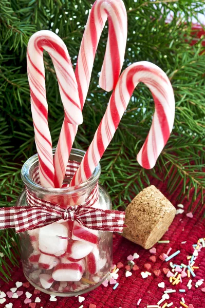 Many striped candy canes in glass jar on christmas background — Stock Photo, Image