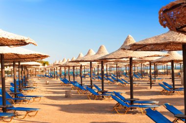 Wattled straw umbrellas on sunny summer beach. Egypt. Sharm-el-s