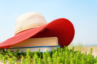 Zarif kadın kırmızı yaz şapka ve sahilde kitaplar.