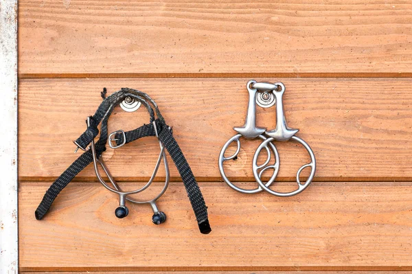Steel horse snaffle-bit and spurs hanging on wooden background — ストック写真
