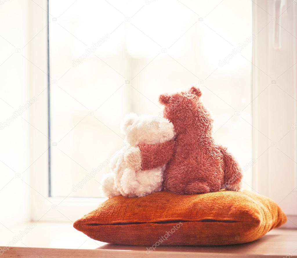 Two loving embracing teddy bear toys sitting on window-sill