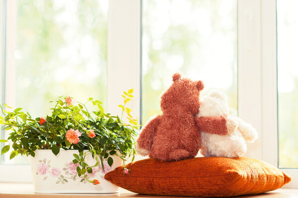 Couple loving embracing teddy bear toys sitting on window-sill