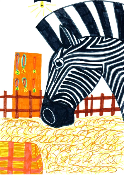 Zebra portrait. Kid marker multicolored vertical drawing. — ストック写真
