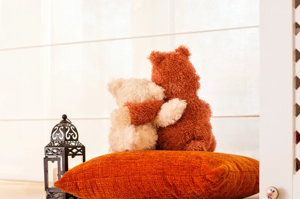 Two loving embracing teddy bears looking through the window — Stock Photo, Image