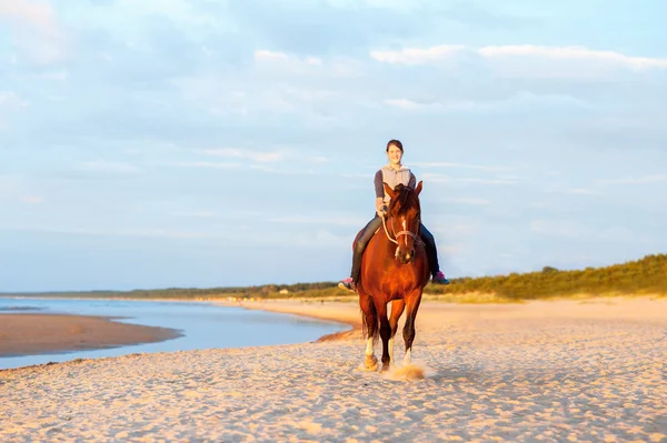 Adolescente montando a caballo en la playa al atardecer. Al aire libre . — Foto de Stock