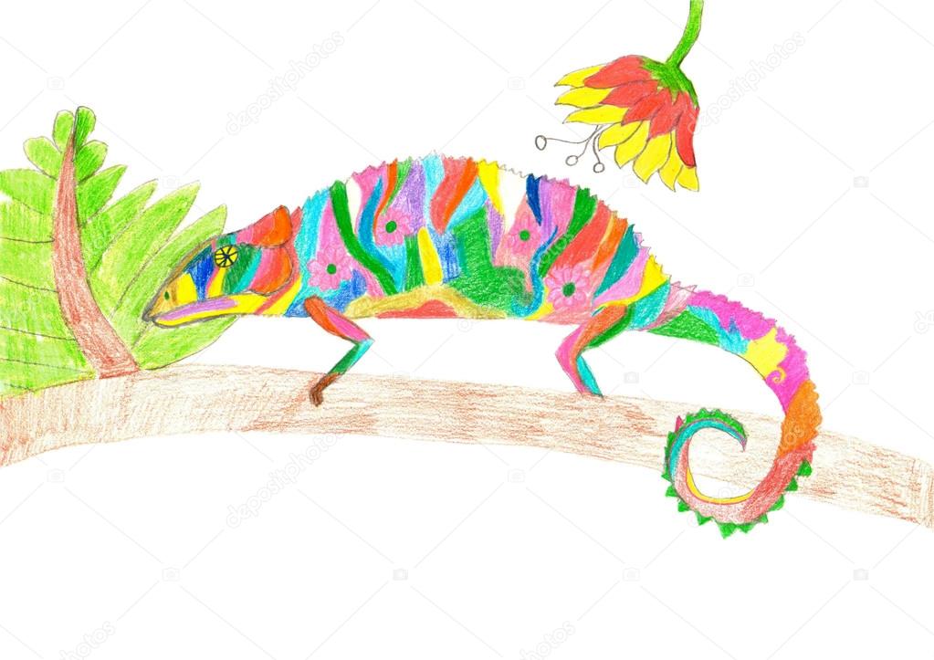 Multicolored chameleon climbing on tree branch. Crayon kid drawi