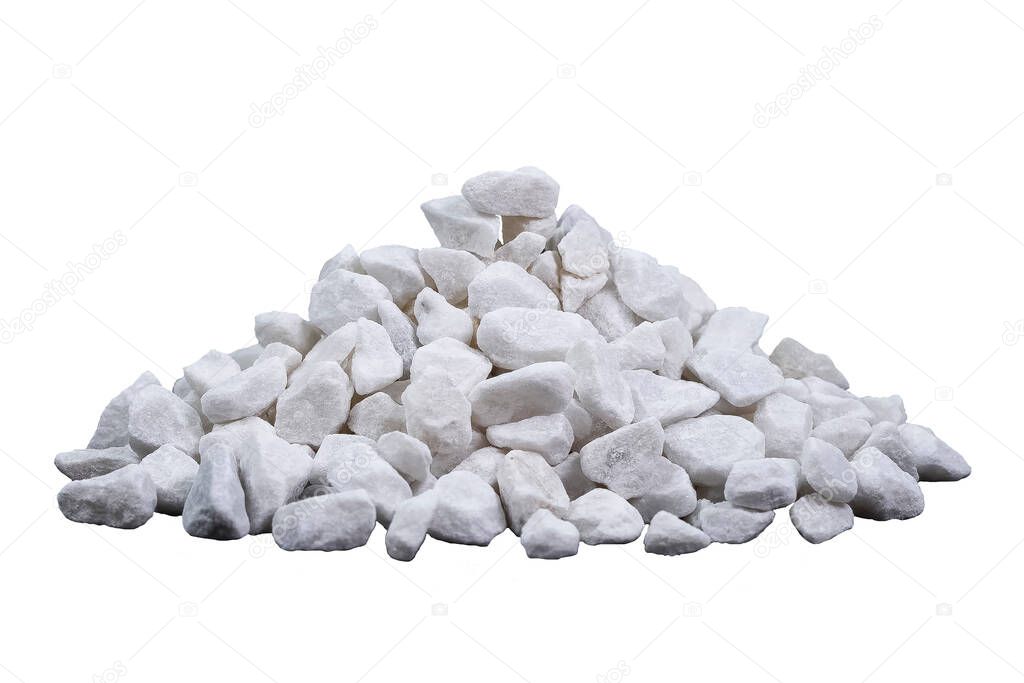 Marble rubble in the form of a hill on a white background. Crushed stone is used in the construction of roads and concrete