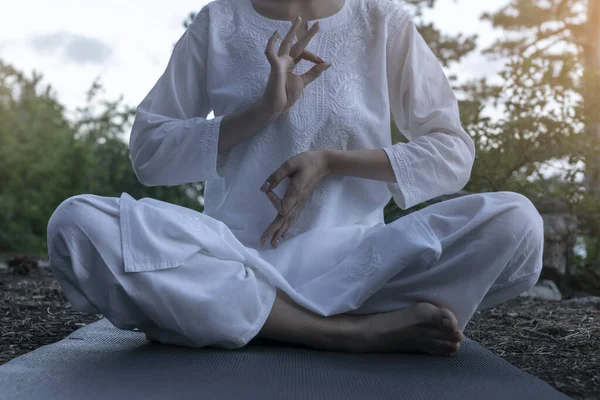 Bella Giovane Donna Pratica Yoga Medita Sulla Montagna Calma Unità — Foto Stock