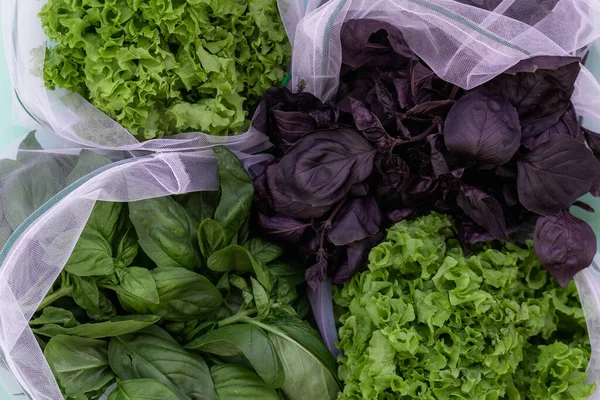 Comida vegetariana saudável em um saco ecológico, legumes e salada em um fundo verde claro. O conceito de comida vegan pura usando um saco eco-friendly. Conceito de compra de resíduos zero Imagem De Stock