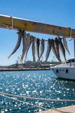 Deniz balığı deniz suyunun arka planında bir ipte kuruyor. Seçili odak ile resim