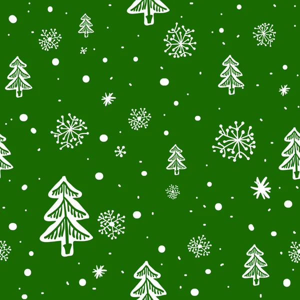 Sömlös doodle med snöflingor och träd — Stock vektor