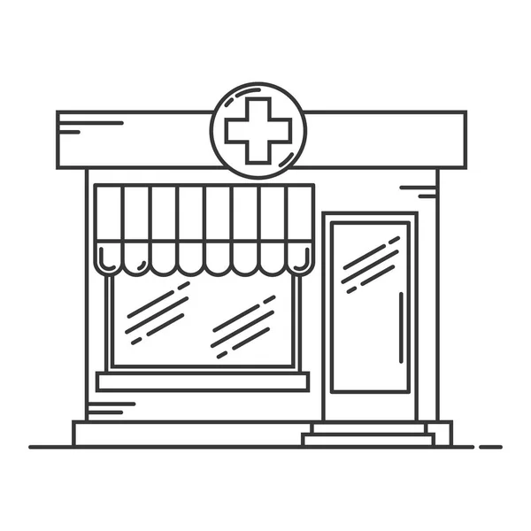 Concepto de medicina de línea de construcción de farmacia. Forma arquitectónica se puede utilizar para el diseño de sitios web, infografías y como un icono. Ilustración vectorial. — Vector de stock