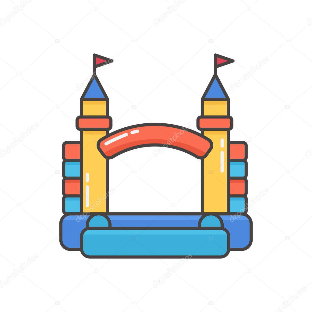 Bouncy inflatable castle. Tower and equipment for child playground. Vector line illustration isolated on white background.