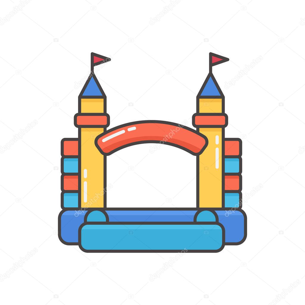 Bouncy inflatable castle. Tower and equipment for child playground. Vector line illustration