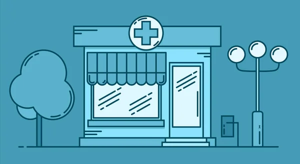 Concepto de medicina de construcción de farmacia. Forma arquitectónica se puede utilizar para el diseño de sitios web, infografías. Ilustración vectorial. — Vector de stock