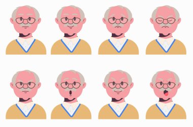 Dedemin yüz ifadeleri. Yaşlı erkek duygusal karakterler. Tarafsız, sürpriz, sevinç, şok, üzüntü ve öfke duyguları olan görseller. Çizgi film biçimi vektör illüstrasyonu