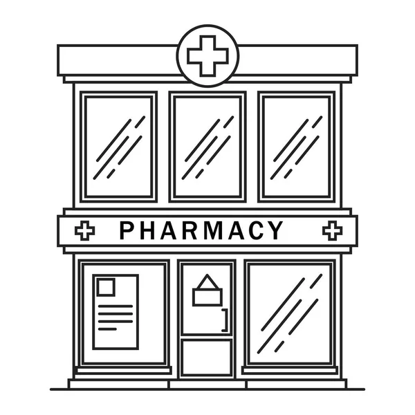 Farmácia construção conceito de medicina linha. Forma arquitetônica pode ser usada para design de site, infográficos. Ilustração vetorial. — Vetor de Stock